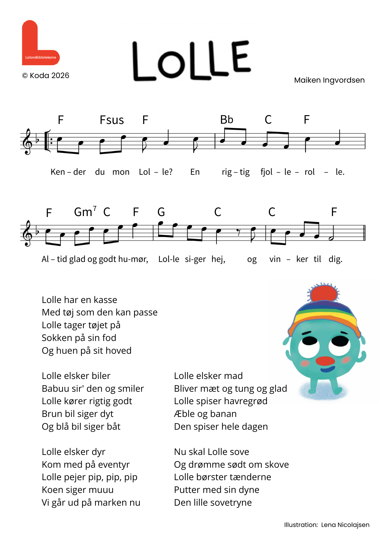 Nodeside med melodi, akkorder og sangtekst til Lollesangen